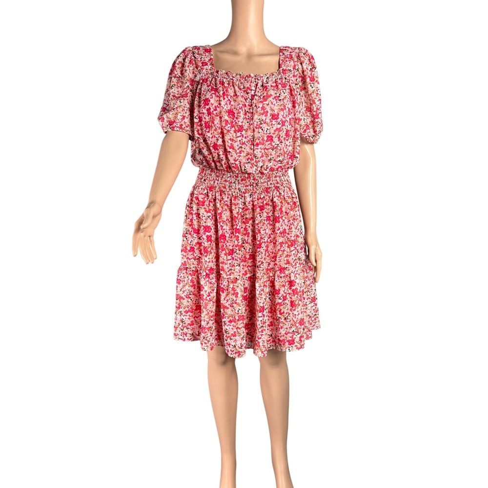 Just Taylor Pink Floral‎ Smocked Waist Tiered Ruffle Mini Dress 10 Cottage core